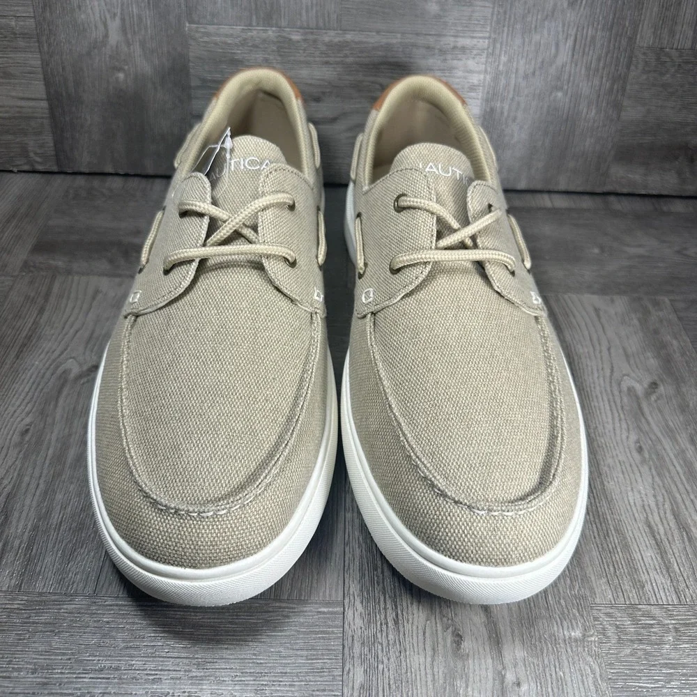 Nautica Ankar Boat Shoes Men 13 Tan Canvas Casual Nautical Loafers NEW